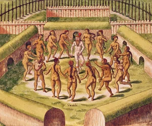 Dançando ao redor de um cativo antes da cabana que contém os Tamerkas ou ídolos, de &39;Americae Tertia Pars ...&39;, 1562